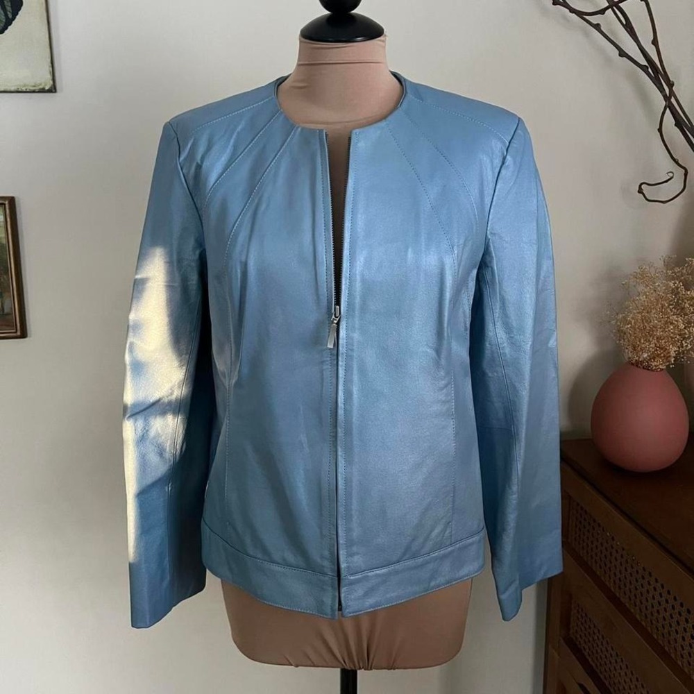 Vintage Dialogue Baby Blue Foiled Metallic Leather Jacket‎ Y2K 2000's